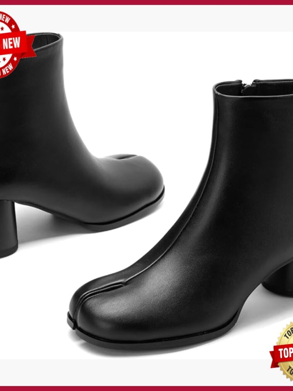 Split Toe Ankle Boots Chunky Low Heeled Tabi Shoes Faux Leather Bootie with